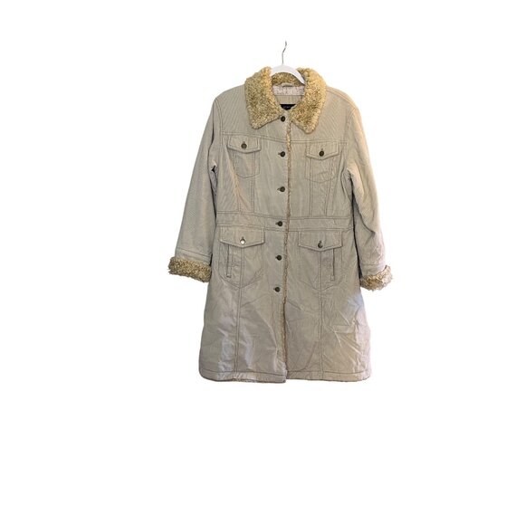 VTG-Y2K-Static Womens XL Beige Corduroy Coat Faux Fur Collar & Cuffs Penny lane - Picture 1 of 16